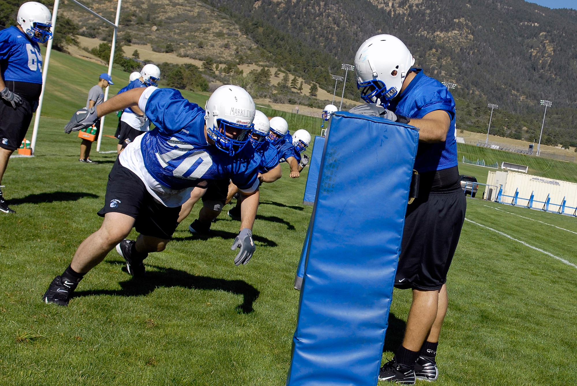 Offensive tackle Cadet 3rd Class Matt Markling participates in drills as the Falcons practice in preseason camp July 31 at the U.S. Air Force Academy in Colorado. The Falcons had their best Mountain West Conference record in school history in 2007 with a 9-4 record. (U.S. Air Force photo/Mike Kaplan)
