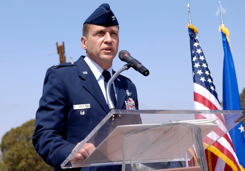 VANDENBERG AIR FORCE BASE, Calif. -- Col. David Buck, 30th Space Wing commander, speaks at the 30th SW change of command ceremony in June. (U.S. Air Force photo / Airman 1st Class Jonathan Olds)