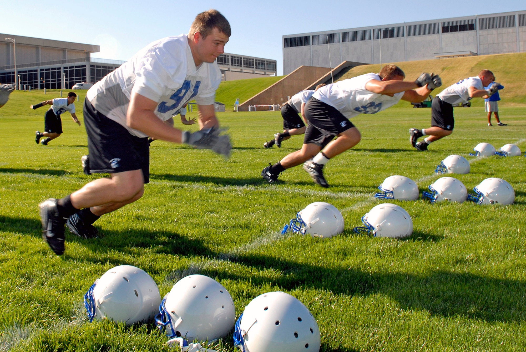 Defensive end Cadet 1st Class Ryan Kemp participates in drills as the Falcons practice in preseason camp July 31 at the U.S. Air Force Academy in Colorado. (U.S. Air Force photo/Mike Kaplan)
