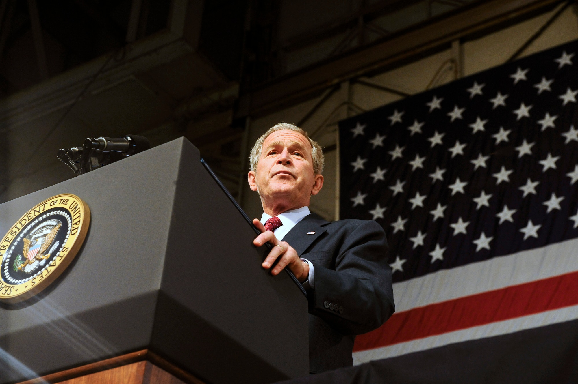 President George W. Bush looks out into the crowd while giving his speech Aug. 4 at Eielson Air Force Base, Alaska. During his time here, he talked to a crowd of more than 2,000 military members. (U.S. Air Force photo/Airman 1st Class Jonathan Snyder) 
