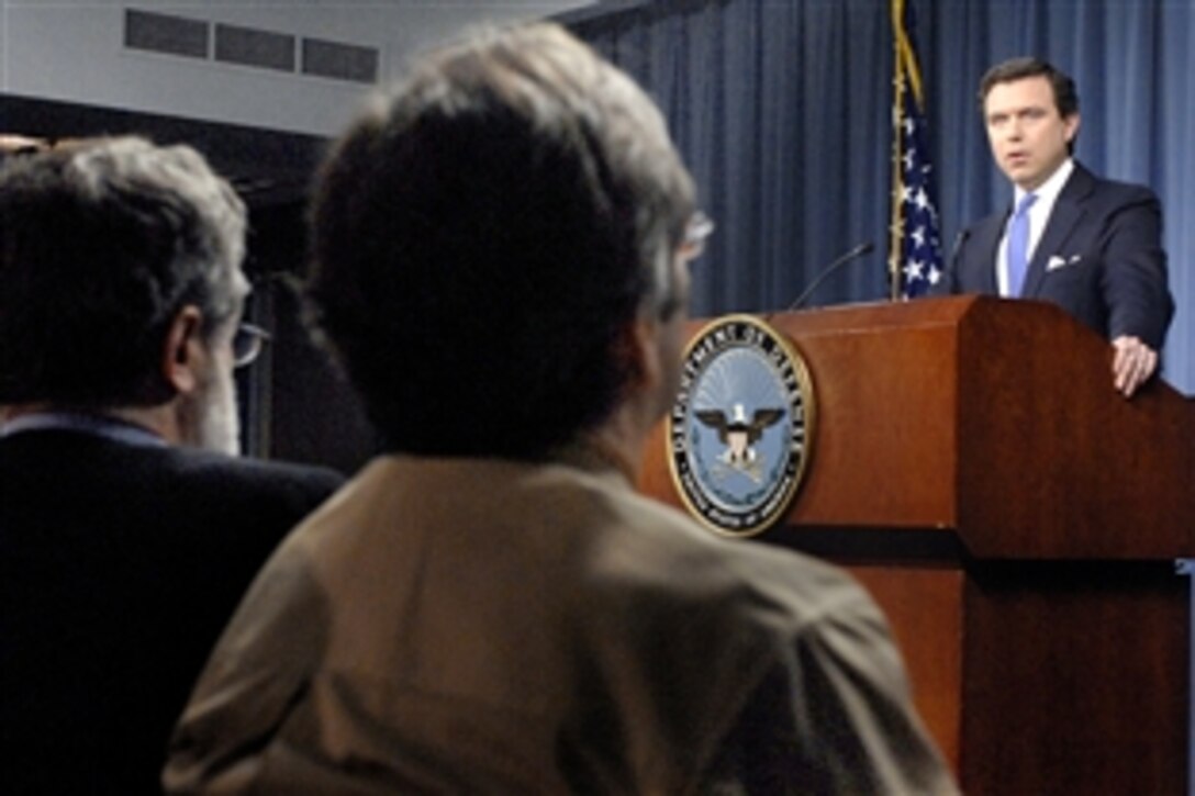 Department of Defense Press Secretary Geoff Morrell responds to a reporter's question during a Pentagon press briefing, Aug. 5, 2008. Morrell discussed a range of issues, including U.S. force levels in Afghanistan, allegations of Iranian weapons testing and detainee releases in Iraq.
