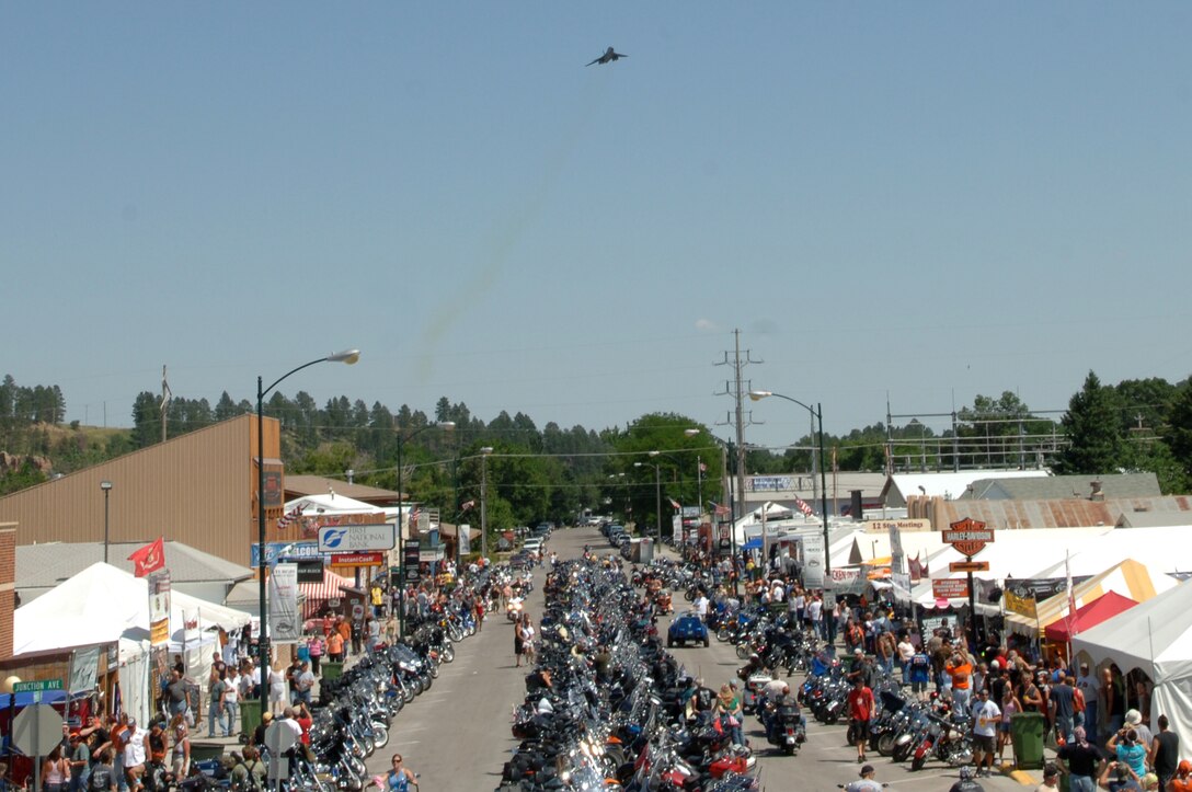 A B1-B Lancer from Ellsworth Air Force Base flies over the 68th annual Sturgis Motorcycle Rally, Aug. 5. More than 600,000 motorcyclists and people come out to the rally each year from across the country. (U.S. Air Force photo/Senior Airman Kasey Zickmund)