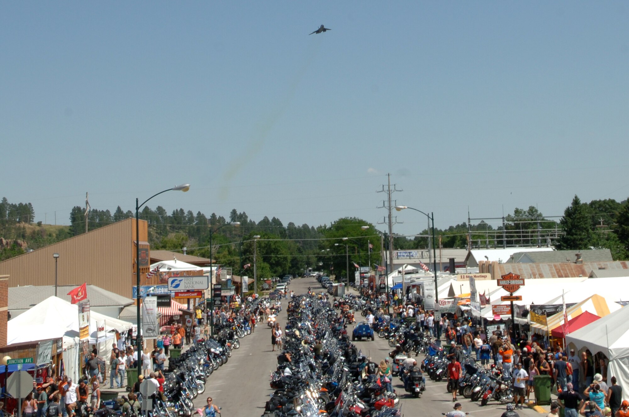 A B1-B Lancer from Ellsworth Air Force Base flies over the 68th annual Sturgis Motorcycle Rally, Aug. 5. More than 600,000 motorcyclists and people come out to the rally each year from across the country. (U.S. Air Force photo/Senior Airman Kasey Zickmund)