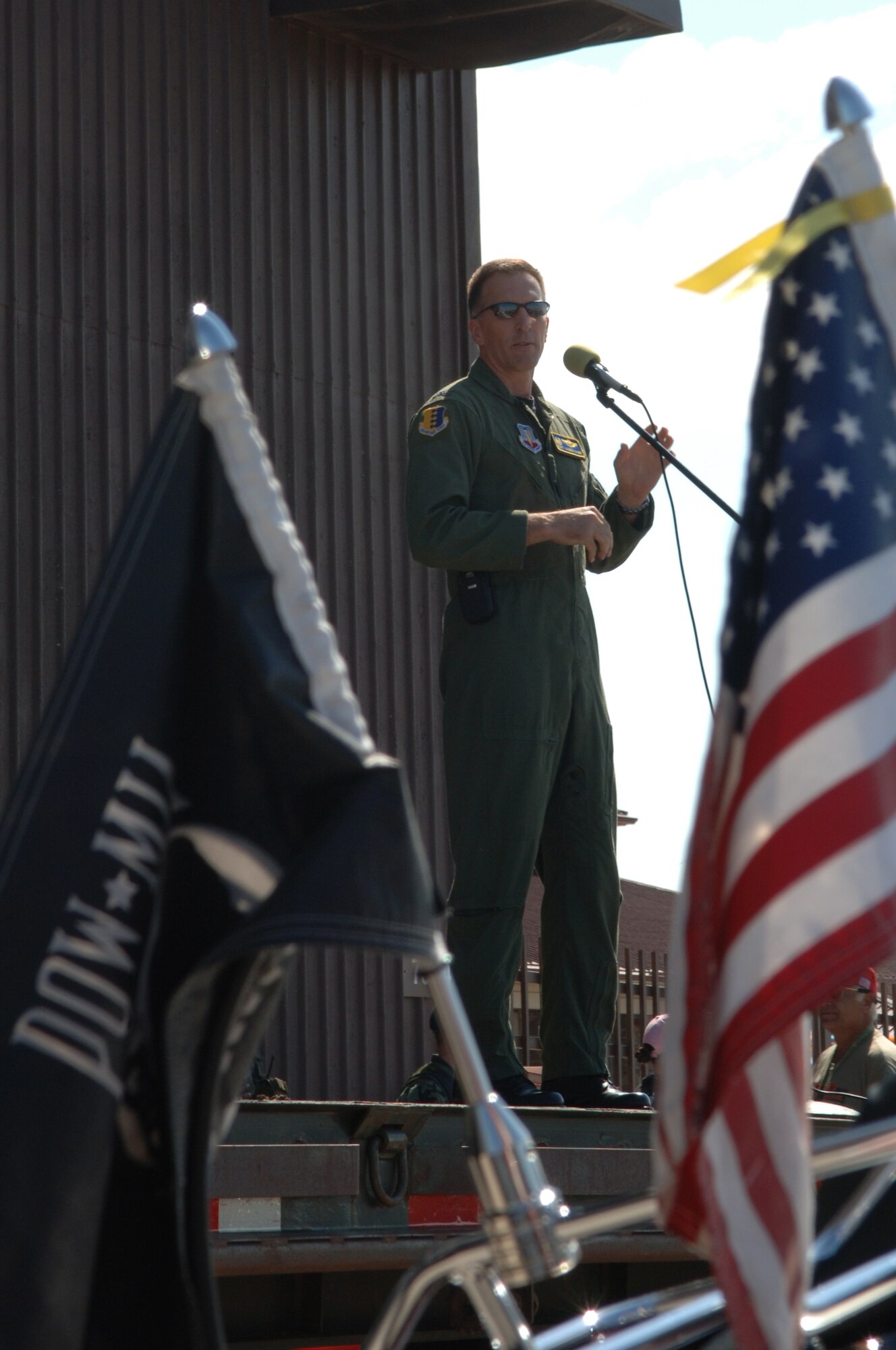 ELLSWORTH AIR FORCE BASE, S.D. -- Col. Scott Vander Hamm, 28th Bomb Wing commander, talks to motorcyclists about safety before the eighth annual Dakota Thunder Run, here, Aug. 5. The run starts at Ellsworth and ends at Sturgis, S.D.-a distance of 37 miles. (U.S. Air Force photo/Senior Airman Kasey Zickmund)