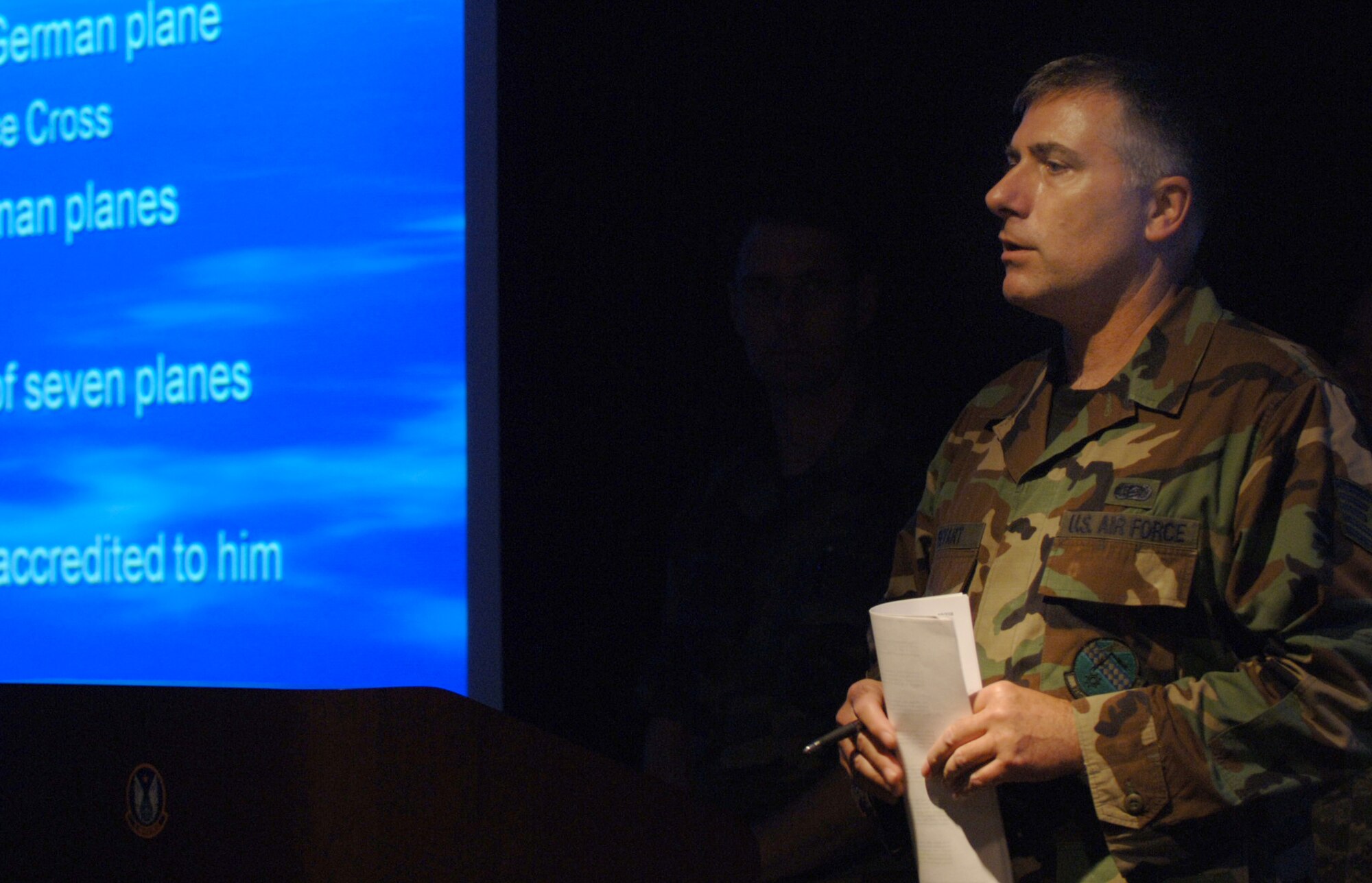 Tech. Sgt. David Sevart talks to classmates about the accomplishments of Capt. Edward "Eddie" Vernon Rickenbacker, legendary ace pilot, on Aug. 6 while attending the Noncommissioned Officer Leadership Development Program. The course began at the headquarters building of the 931st Air Refueling Group on Aug. 4 and is scheduled to end on Aug. 15. Sergeant Sevart is assigned to the 931st Aircraft Maintenance Squadron.  (U.S. Air Force Photo/Tech. Sgt. Jason Schaap)