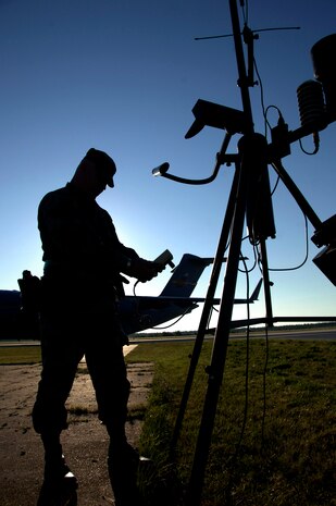 Staff Sgt. Mathew Drew completes a maintenance check on a TMQ 53 portable tactical weather system Aug. 6 at a simulated air base in East Asia during the Headquarters Air Mobility Command Operational Readiness Inspection.  The system is used to gather weather data.  Sergeant Drew is a weather forecaster with the 437th Operations Support Squadron. (U.S. Air Force photo/Airman 1st Class Timothy Taylor)