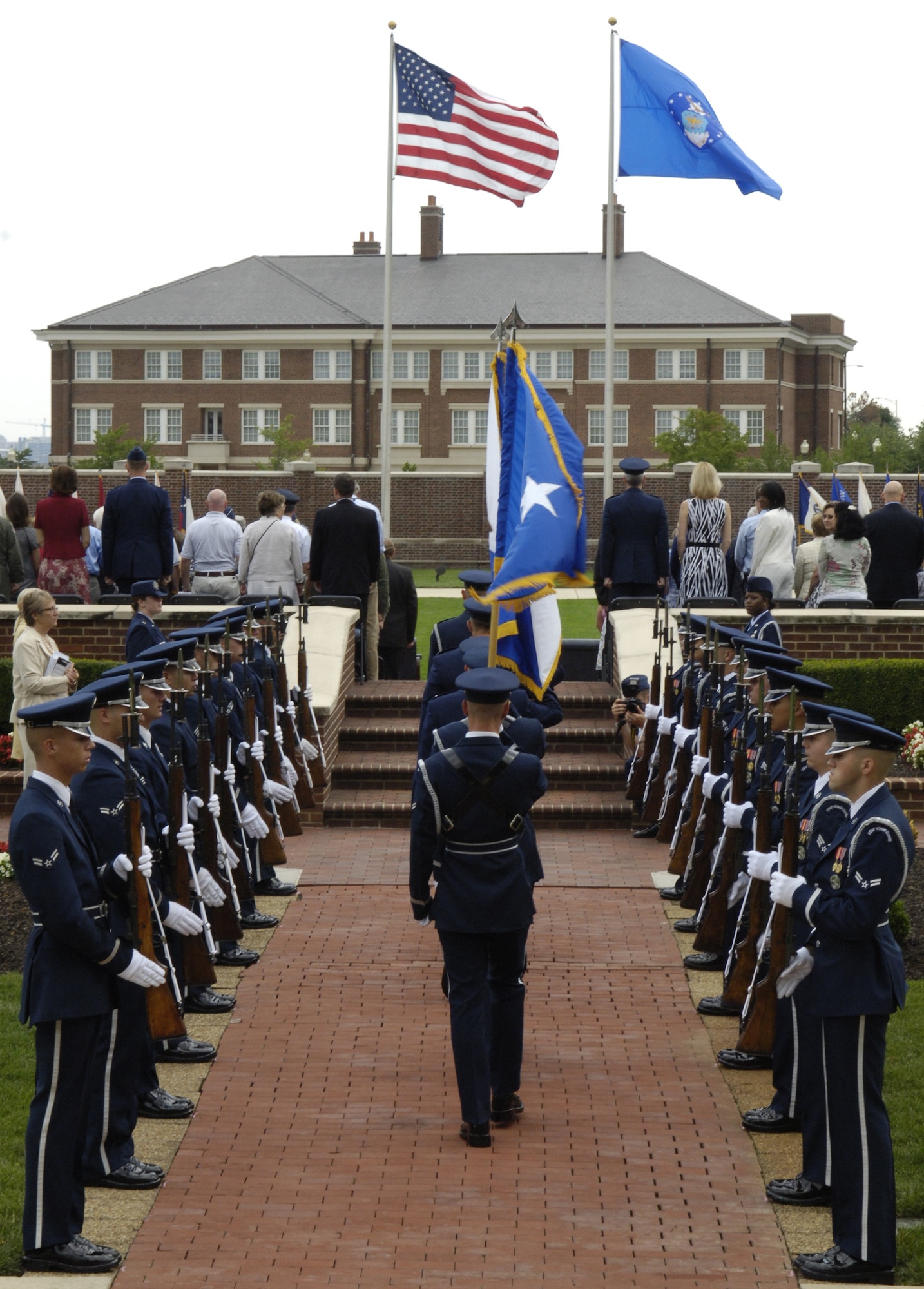 The official party arrives just before the Air Force District of Washington change-of-command ceremony Aug. 6 on the U. S. Air Force Ceremonial Lawn on Bolling. Maj. Gen. Ralph Jodice II took command of AFDW from Maj. Gen. Frank Gorenc, who will be assigned to Air and Space Operations, Headquarters Air Combat Command, Langley Air Force Base, Va. (U.S. Air Force photo by Senior Airman Dan DeCook)