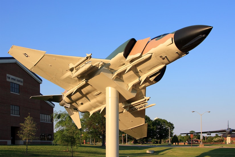 LANGLEY AIR FORCE BASE, Va. -- The F-4C Phantom II is displayed today as it appeared after its MiG kill on May 20, 1967 over North Vietnam.  The centerline and two wing fuel tanks were jettisoned prior to the combat engagement and are not displayed. (Courtesy photo by Dean Heald)