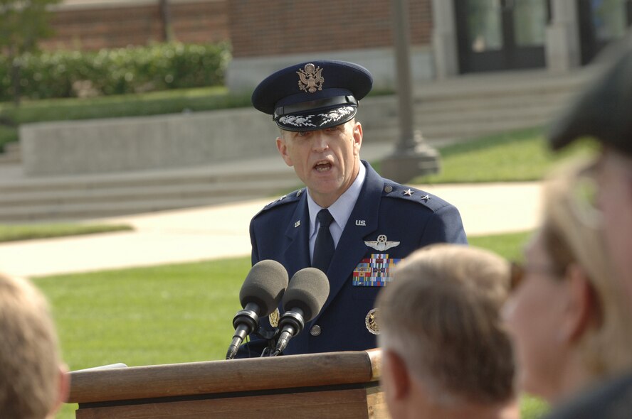Maj. Gen. Ralph Jodice II, Air Force District of Washington's new commander, delivers his first speech as such Aug. 6 after a change-of-command ceremony at Bolling Air Force Base, Washington, D.C. General Jodice takes command from Maj. Gen. Frank Gorenc, recently named the director of Air and Space Operations, Headquarters Air Combat Command, Langley Air Force Base, Va. (U.S. Air Force photo by Thomas Dennis)