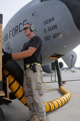 Staff Sgt. Gustin Donnelly, a hydro technician for the 340th Aircraft Maintenance Unit, 379th Expeditionary Aircraft Maintenance Squadron, connects the hose from a KC-135 to an air conditioning cart Aug. 6, 2008, at an undisclosed location in Southwest Asia. Sergeant Donnelly, a native of Spokane, Wash., is deployed from Fairchild Air Force Base, Wash. Members of the 379th launch, recover and perform maintenance on the KC-135 aircraft which refuels all types of bombers, fighters and other support aircraft engaged in Operations Iraqi Freedom, Enduring Freedom and Combined Joint Task Force Horn of Africa.  (U.S. Air Force photo by Staff Sgt. Darnell T. Cannady)