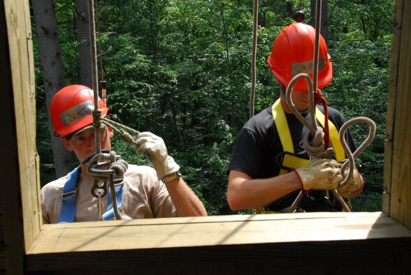 Tech. Sgt. Matthew P. Youngers and Staff Sgt. Matthew C. Haas, both of the 111th Maintenance Sq., Pa. Air National Guard, remove obstructions from their lines during a Team Commanders Course at the Hawk Mountain Ranger School in Kempton, Pa. on July 17.  