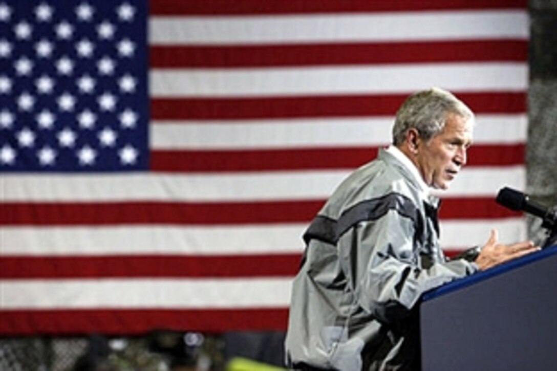 President George W. Bush delivers remarks to U.S. military personnel stationed at U.S. Army's Yongsan Garrison in Seoul, South Korea, Aug. 6, 2008. 