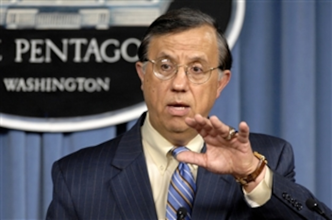 Shay Assad, director of defense procurement and acquisitions policy, announces that the department has reopened bidding on the contract to build the U.S. Air Force's  next-generation aerial tanker at a Pentagon briefing, Aug. 6, 2008.