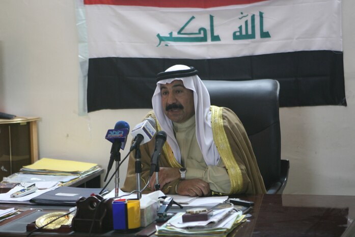 FALLUJAH, Iraq (August 8, 2008) – Local Arab media film and photograph Sheikh Hamid Ahmed Al-Hashim, city council chairman, Sa’ad Awad Rashad Al-Dulaimi, city Mayor, and Abdul Karim Munth’ir Ali Al-Jumayli, city chief of police, during a question and answer session after the State of the City Address in Fallujah, Aug. 8. Hamid delivered his speech to Fallujah citizens addressing the progress the city has made this year, focusing on quality of life projects in the works and security improvements. (Released)(Official U.S. Marine Corps photo by Sgt. Nathaniel C. LeBlanc)