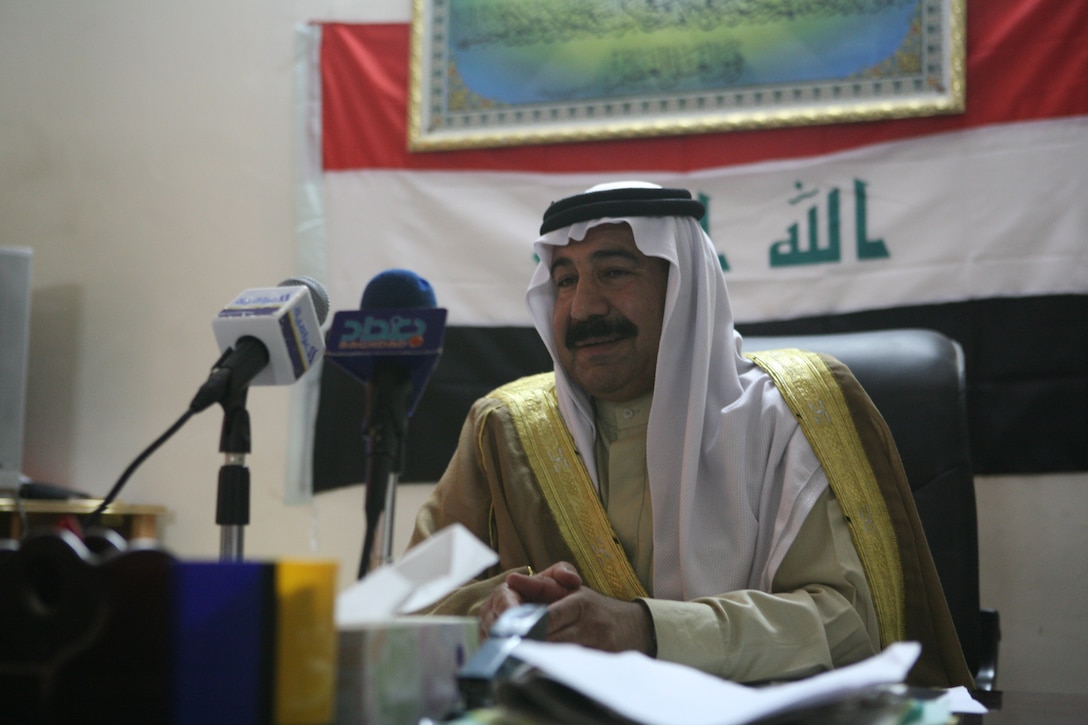 FALLUJAH, Iraq (August 8, 2008) – Sheikh Hamid Ahmed Al-Hashim, city council chairman, delivers his speech to Fallujah citizens through local media during the State of the City Address, discussing the progress the city has made this year, focusing on the quality of life projects and security improvements. (Released)(Official U.S. Marine Corps photo by Sgt. Nathaniel C. LeBlanc)