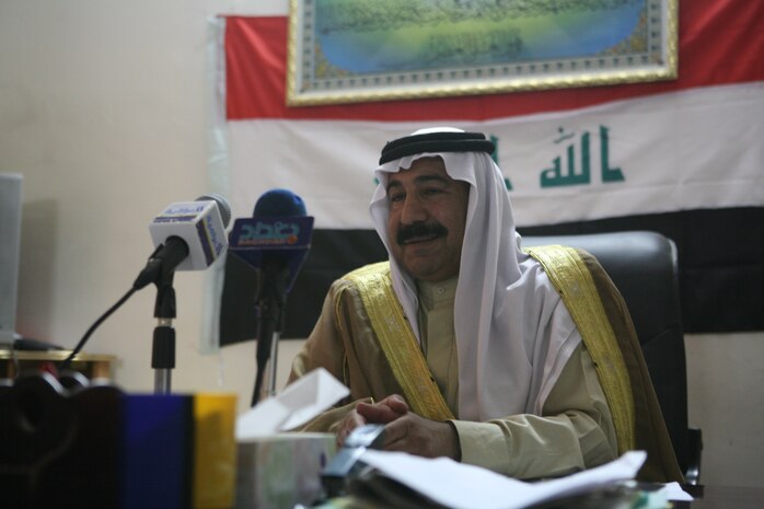 FALLUJAH, Iraq (August 8, 2008) – Sheikh Hamid Ahmed Al-Hashim, city council chairman, delivers his speech to Fallujah citizens through local media during the State of the City Address, discussing the progress the city has made this year, focusing on the quality of life projects and security improvements. (Released)(Official U.S. Marine Corps photo by Sgt. Nathaniel C. LeBlanc)