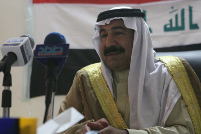 FALLUJAH, Iraq (August 8, 2008) – Sheikh Hamid Ahmed Al-Hashim, city council chairman, delivers his speech to Fallujah citizens through local media during the State of the City Address, discussing the progress the city has made this year, focusing on the quality of life projects and security improvements. (Released)(Official U.S. Marine Corps photo by Sgt. Nathaniel C. LeBlanc)