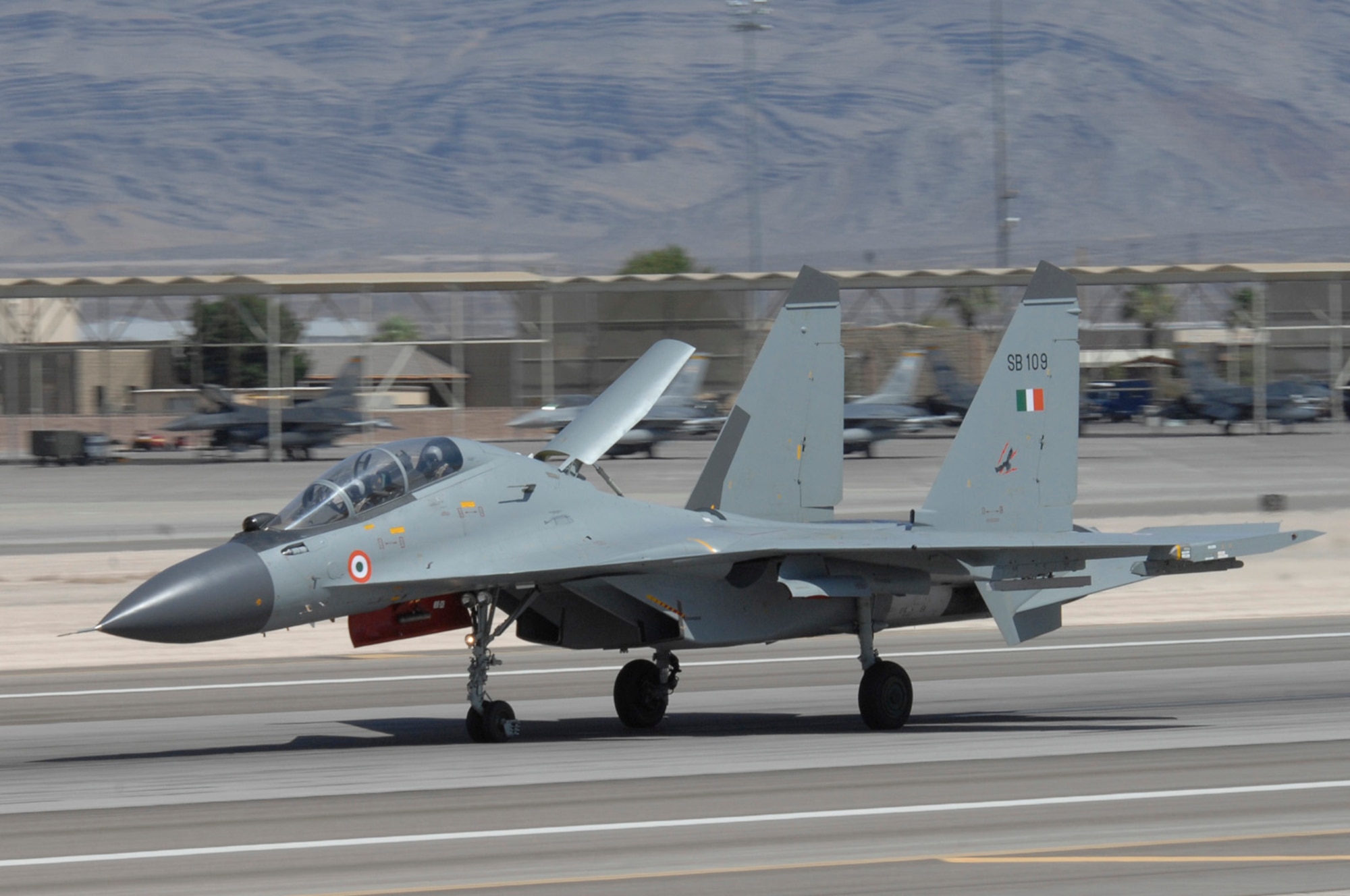 An Indian Air Force SU-30 Fighter lands at Nellis Air Force Base, Nev., August 6, 2008 for participation in Red Flag 08-4. This marks the first time in history that the Indian Air Force has participated in a Red Flag exercise here at Nellis. (U.S. Air Force Photo by Airman 1st Class Stephanie Rubi (RELEASED)