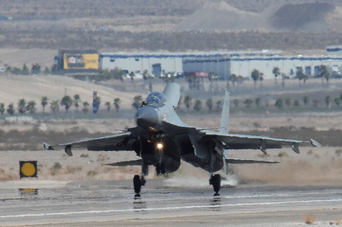 An Indian Air Force SU-30 Fighter lands at Nellis Air Force Base, Nev., August 6, 2008 for participation in Red Flag 08-4. This marks the first time in history that the Indian Air Force has participated in a Red Flag exercise here at Nellis. (U.S. Air Force Photo by Airman 1st Class Stephanie Rubi (RELEASED)