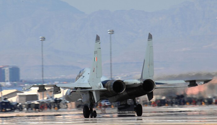 An Indian Air Force SU-30 Fighter lands at Nellis Air Force Base, Nev., August 6, 2008 for participation in Red Flag 08-4. This marks the first time in history that the Indian Air Force has participated in a Red Flag exercise here at Nellis. Red Flag 08-4 begins Aug. 11, 2008 and ends Aug. 22, 2008. (U.S. Air Force Photo by Senior Airman Larry E. Reid Jr.)