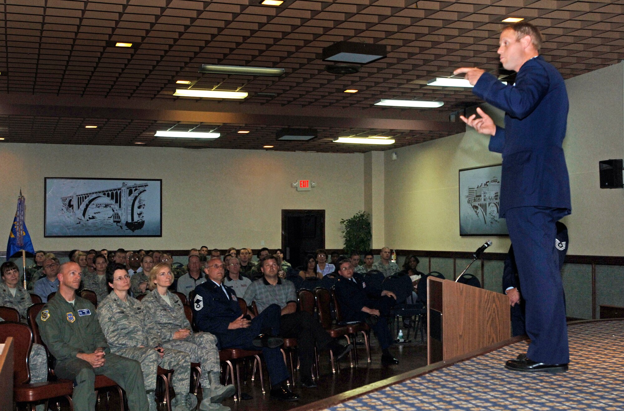 FAIRCHILD AIR FORCE BASE, Wash.—Col. Blaine Holt, 92nd Air Refueling Wing vice commander, explains the importance of professionalism and what it takes to become a sharp, well respected Airman for the world’s greatest Air Force, concluding a wing promotion ceremony July 30 at Club Fairchild. (U.S. Air Force photo / Airman 1st Class Melissa Barnett)