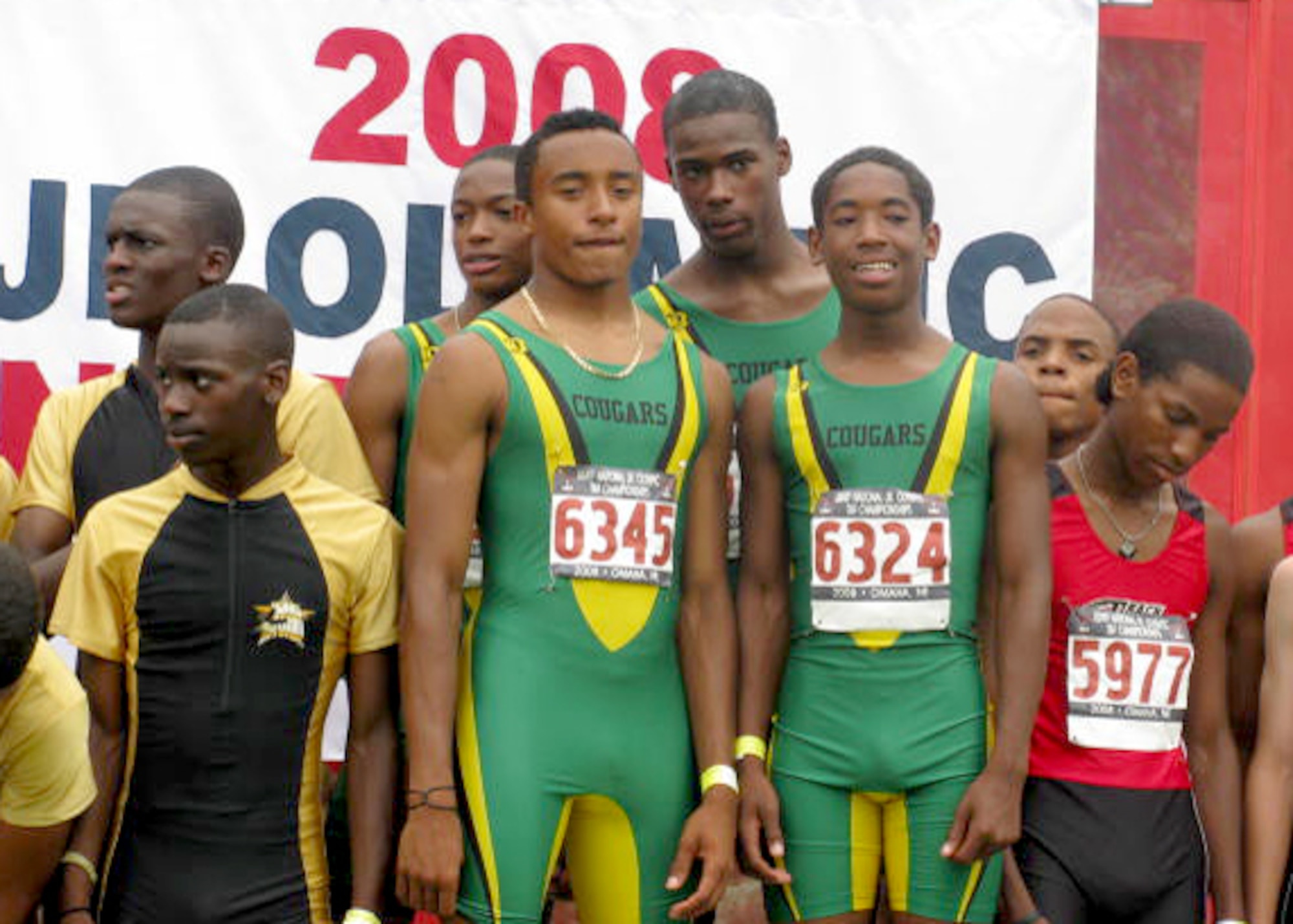 Ricardo "Rico" Wright, II (#6345), son of Master Sgt. Ricardo Wright, 61st Communications Squadron, and his teammates from the SoCal Cougars stand on the first place podium as they wait to receive their Gold medals. The team ran the 4 x 800M relay at 8:10 seconds, the fastest time in the nation for intermediate boys ages 15-16 during the USATF National Junior Olympics Outdoor Track and Field Championships held in Omaha, Neb., July 22-27.  (Courtesy photo)