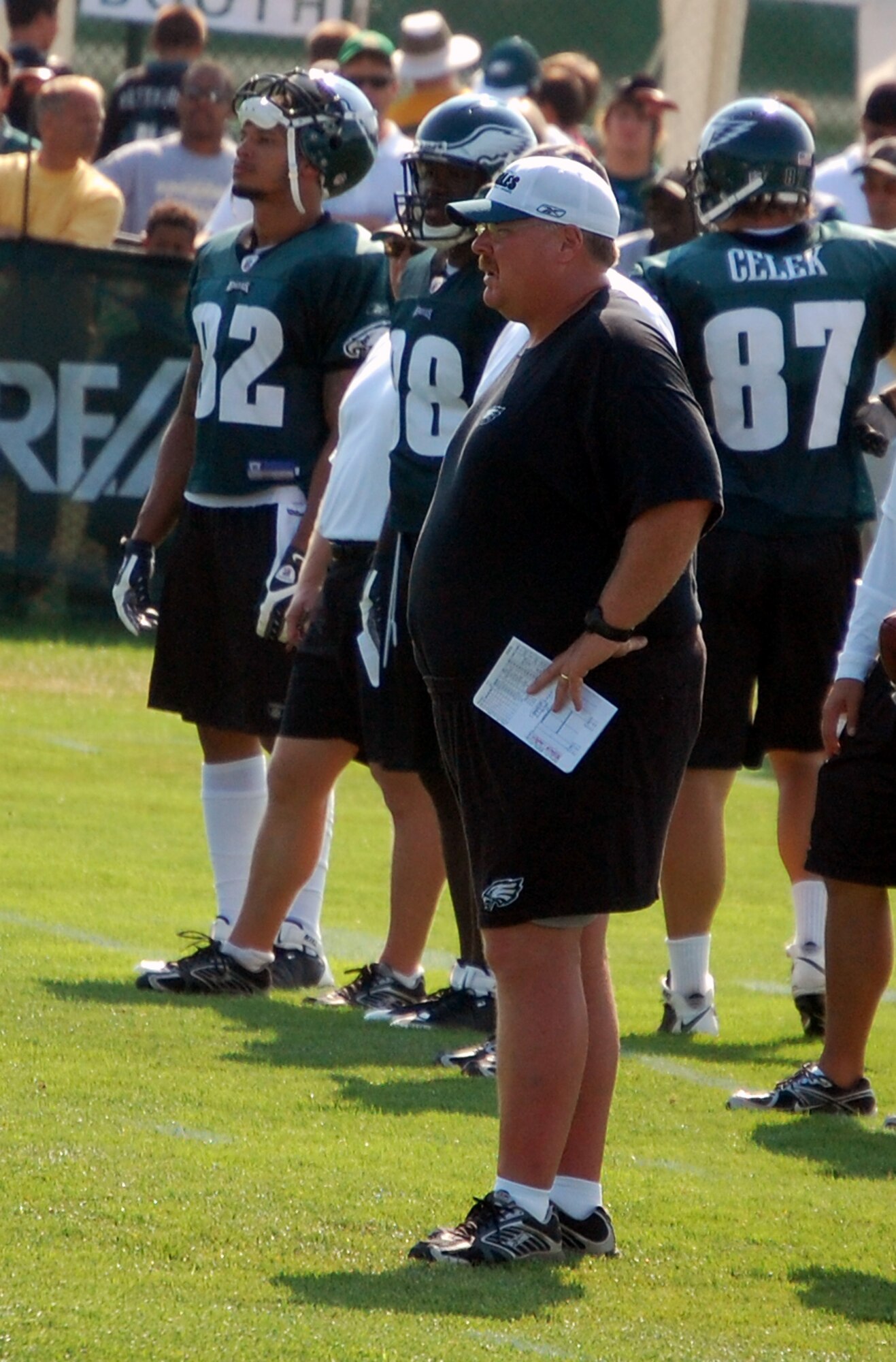 Philadelphia Eagles coach Andy Reid watches over practice at the Eagles training camp at Lehigh University in Lehigh, Penn., Aug. 5, 2008.  Mr. Reid participated in signing autographs and meeting more than 200 military members attending the training camp for the Eagles' Military Day Aug. 5.  (U.S. Air Force Photo/Tech. Sgt. Scott T. Sturkol)
