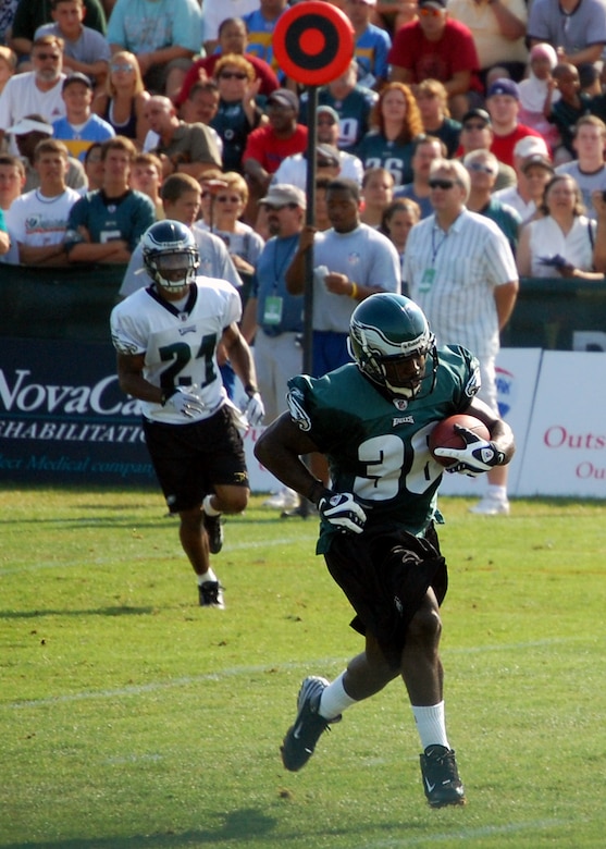 Philadelphia Eagles running back Brian Westbrook (36) takes off down the field during practice at the Eagles training camp at Lehigh University in Lehigh, Penn., Aug. 5, 2008.  Mr. Westbrook along with other Eagles players took time after practice to sign autographs and meet more than 200 military members attending the training camp for the Eagles' Military Day Aug. 5.  (U.S. Air Force Photo/Tech. Sgt. Scott T. Sturkol)