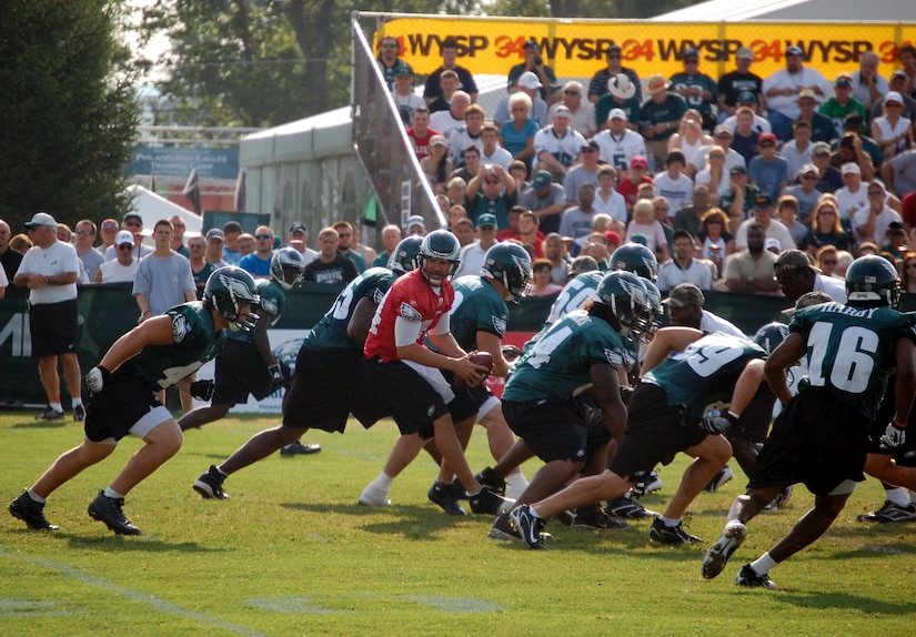 Quarterback A.J. Feeley of the Philadelphia Eagles takes a snap during practice at the Eagles training camp at Lehigh University in Lehigh, Penn., Aug. 5, 2008.  The practice was watched by more than 200 military members attending the training camp for the Eagles' Military Day.  Later on, these same players met with the military members on the practice field.  (U.S. Air Force Photo/Tech. Sgt. Scott T. Sturkol)