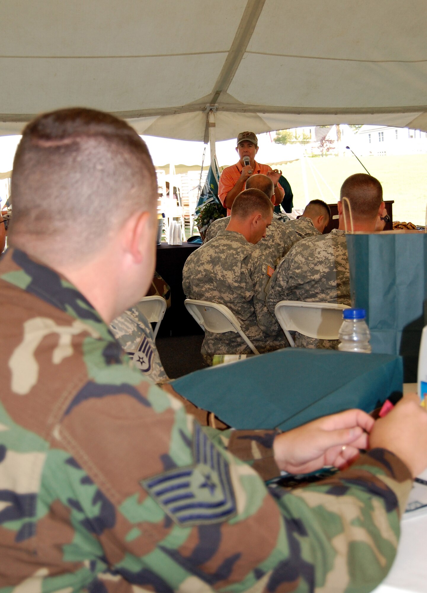 Merrill Reese, the "voice" of Philadelphia Eagles play-by-play action since 1977, talks to military members in attendance for Military Day at the Eagles training camp at Lehigh University in Lehigh. Penn.  Mr. Reese talked about Eagles players, the upcoming National Football League season and also thanked the military for their service.  (U.S. Air Force Photo/Tech. Sgt. Scott T. Sturkol)