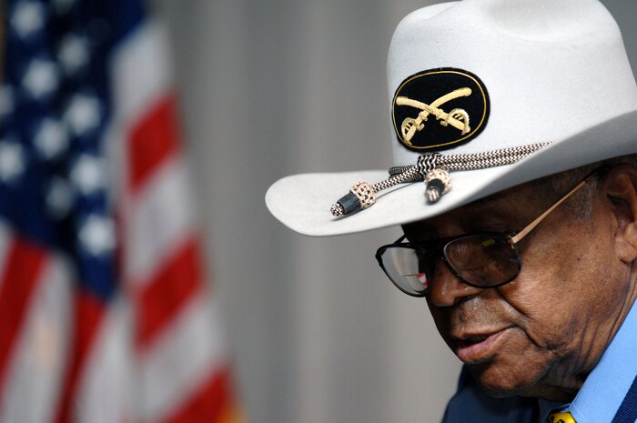 Mr. Harold Cole, a retired Buffalo Soldier, provides opening remarks during the Buffalo Soldiers 9th and 10th (Horse) Cavalry Association luncheon at the Officers Club, August 1, 2008 Nellis Air Force Base, Nev.The Buffalo Soldiers date back to the American Indian Campaigns, when black Soldiers fought so bravely and ferociously during a battle with Cheyenne warriors in 1867, that the Indians nicknamed them “Wild Buffalo.” (U.S. Air Force Photo by Senior Airman Larry E. Reid Jr.)
(U.S. Air Force Photo/Senior Airman Larry E. Reid Jr.)