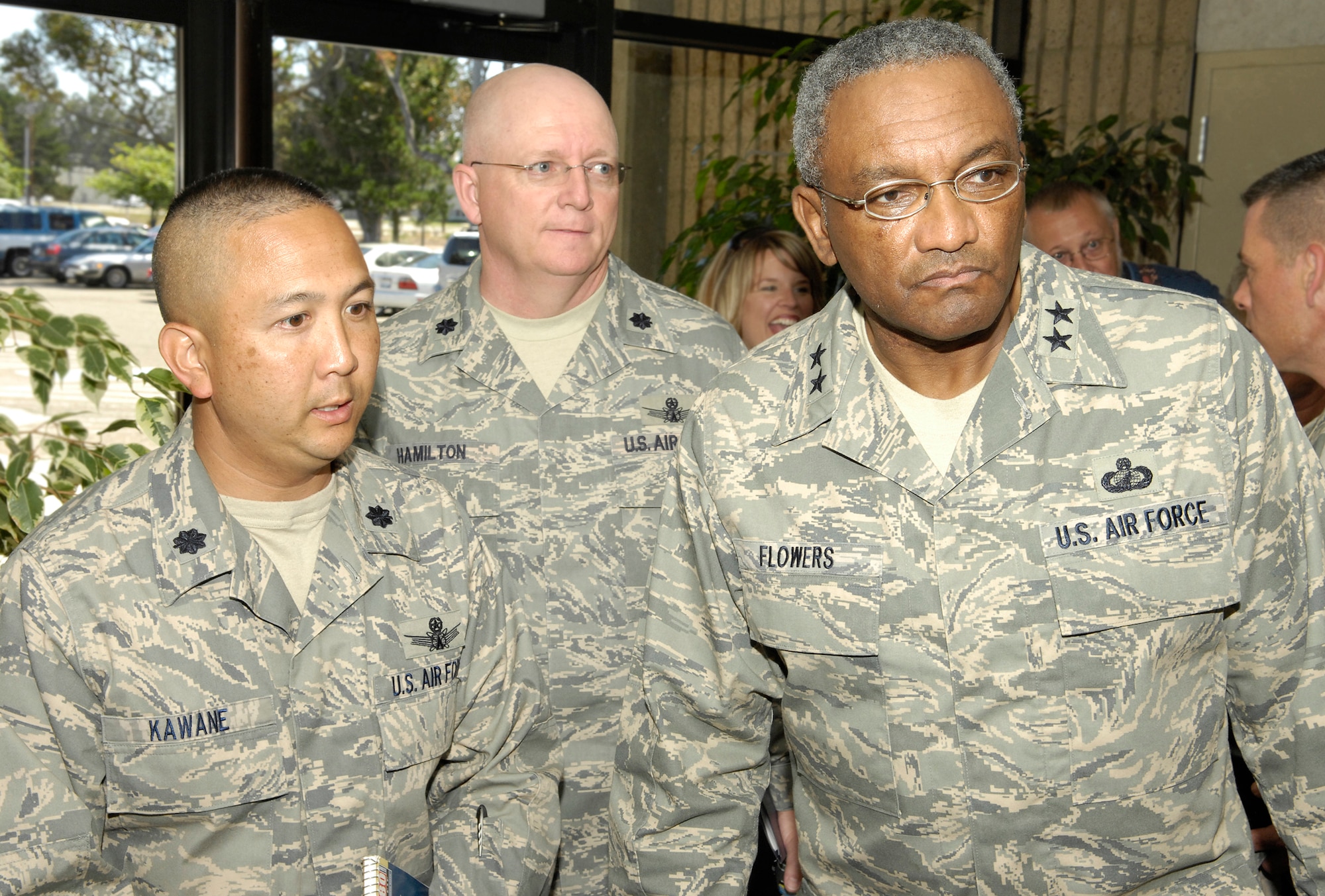 Maj. Gen. Alfred Flowers, 2nd Air Force commander out of Keesler Air Force Base, Miss., tours Vandenberg assisted by Lt. Col. Lance Kawane, commander of the 381st Training Suppost Squadron, and Lt. Col. Paul Hamilton, deputy commander of the 381st Training Group on July 31.(U.S. Air Force Photo/Airman 1st Class Andrew Lee)