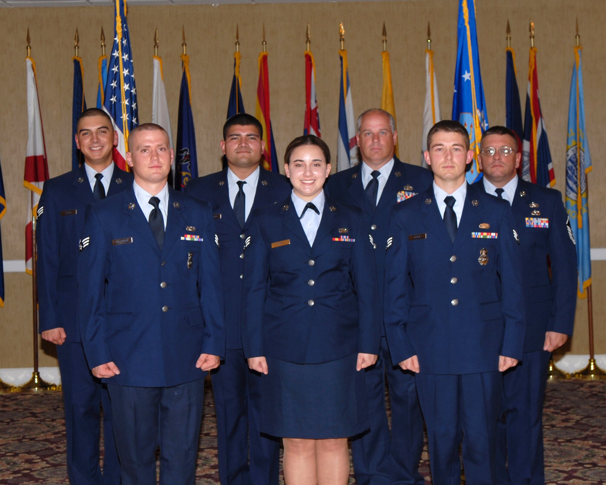 The 14th Flying Training Wing congratulates the July enlisted promotees. Pictured are: to Airman 1st Class: Christopher Carranza, 14th Security Forces Squadron; to Senior Airman: Robert Goldmann, 14th SFS, Danielle Hill, 14th Flying Training Wing, Richard Leslie, 14th SFS, Thomas Leguin, 14th Medical Support Squadron; to Master Sgt.: Steven Butler, 14th FTW, Richard Morenz, 14th Communications Squadron. (U.S. Air Force photo by Melissa Duncan)