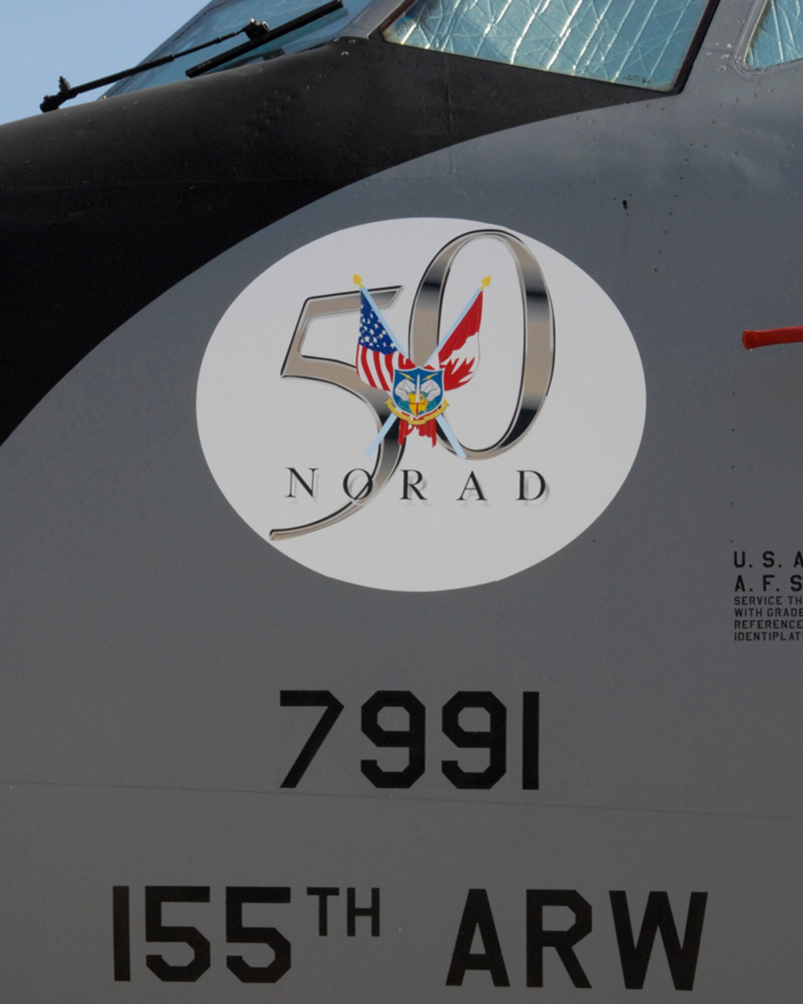 On The Nose: A new 50th Anniversary of NORAD logo sports the nose of a Nebraska
Air National Guard KC-135R Stratotanker.  (Nebraska Air National Guard Photo by Senior Master Sgt. Lee Straube)