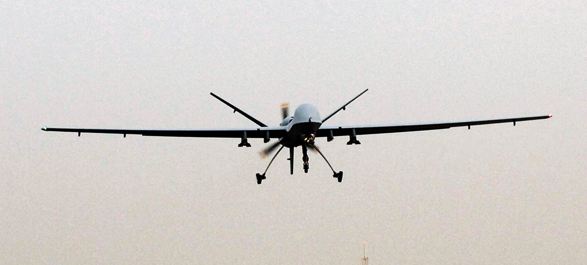 An MQ-9 Reaper remotely piloted aircraft takes off from Joint Base Balad, Iraq. The Reaper carries up to 3,750 pounds of laser-guided munitions, giving ground commanders unprecedented situational awareness and the ability to bring the right amount of force to bear on a target. (U.S. Air Force photo/Senior Airman Julianne Showalter)