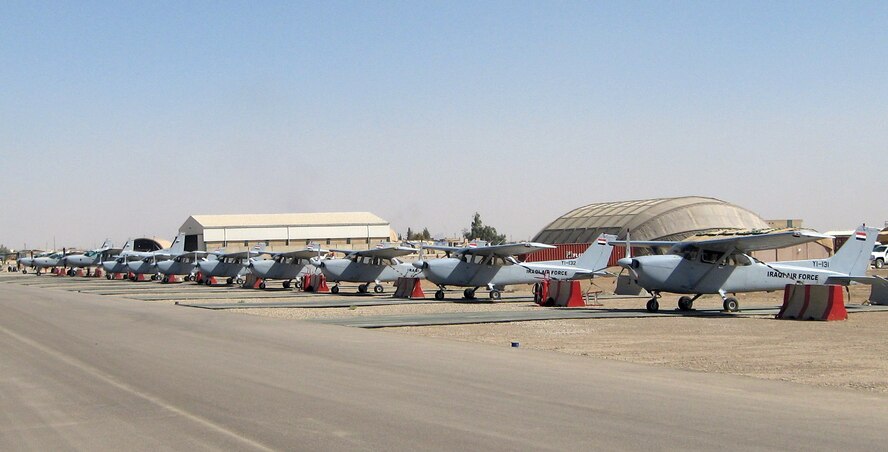Cessna 172 Skyhawks and 208 Caravans used by U.S. Air Force and Iraqi air force instructor pilots to train Iraqi students at Kirkuk, Iraq. Vance AFB IPs are participating in the rebuilding of the Iraqi air force training program. Less than a year ago there were no aircraft available for training at Kirkuk. (U.S. Air Force photo)