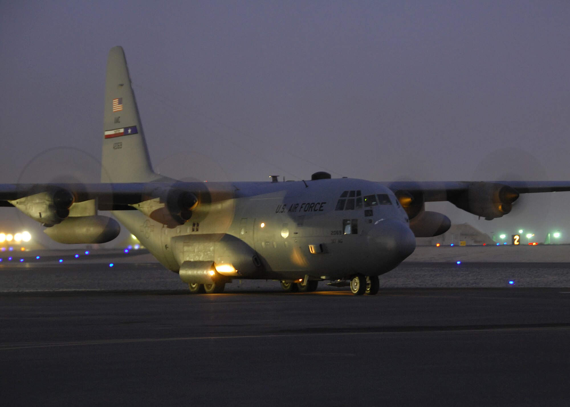 SOUTHWEST ASIA -- A C-130 assigned to the 386th Expeditionary Operations Group prepares to depart on a sortie en route to Iraq on Aug. 6 at a base in Southwest Asia. The 386th Air Expeditionary Wing has moved close to half a million passengers and more than 57,000 tons of cargo this year alone, in support of Operations Iraqi and Enduring Freedom. The C-130 is deployed from Dyess Air Force Base, Texas. (U.S. Air Force photo/Tech. Sgt. Raheem Moore)