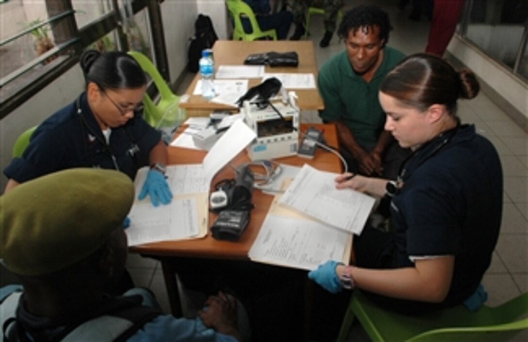 U.S. Navy Petty Officers 3rd Class Reneline Llamas and Ashley Kilgore check the vital signs of patients before referring them to the USNS Mercy (T-AH 19) for treatment during a surgical screening at Port Moresby General Hospital in Port Moresby, Papua New Guinea, on Aug. 5, 2008.  The Mercy is in Papua New Guinea for Pacific Partnership 2008, a multinational exercise with participation from nongovernmental organizations and joint services, providing local communities with various medical, dental and engineering services.  