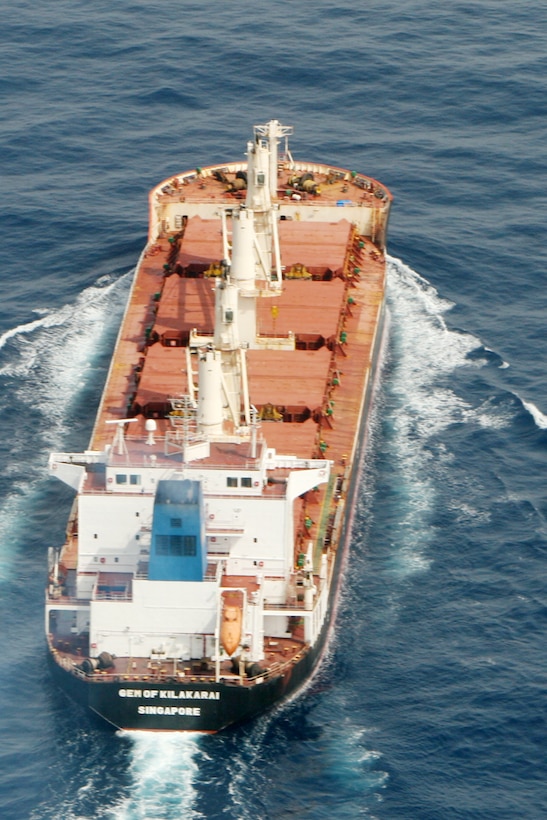 (Aug. 8,2008) -- The Gem of Kilakarai, a Singaporean cargo ship, came under attack by pirates in the Gulf of Aden Aug. 8, fired on with small-arms and rifle-launched grenades.::r::::n::    The crew of USS Peleliu (LHA 5) and the 15th Marine Expeditionary Unit, received a distress call from the Gem of Kilakarai and immediately launched interdiction flights to run off the pirates.::r::::n::   During the attack, an unexploded rifle-launched grenade lodged in the bridge wing of the Gem of Kilakarai. While no injuries were reported, further assistance from the 15th MEU Explosive Ordinance Disposal team was requested.::r::::n::   A security detachment from Battalion Landing Team 2/5, along with the EOD team from Combat Logistics Battalion-15, were taken aboard the Gem of Kilakarai on two UH-1N Huey helicopters from Marine Medium Helicopter Squadron-165. The unexploded grenade was properly disposed of with no further incident.::r::::n::    The Camp Pendleton, Calif. based 15th MEU is comprised of approximately 2,200 Marines and Sailors and is a forward deployed force of readiness capable of conducting numerous operations, such as Non-Combatant Evacuation Operations, Humanitarian Assistance Operations and a wide range of amphibious missions. The 15th MEU is currently deployed aboard the USS PELELIU (LHA-5), USS DUBUQUE (LPD-8) and USS PEARL HARBOR (LSD-52). (Official U.S. Marine Corps photo by Lance Cpl. Kevin N. McCall)(RELEASED)