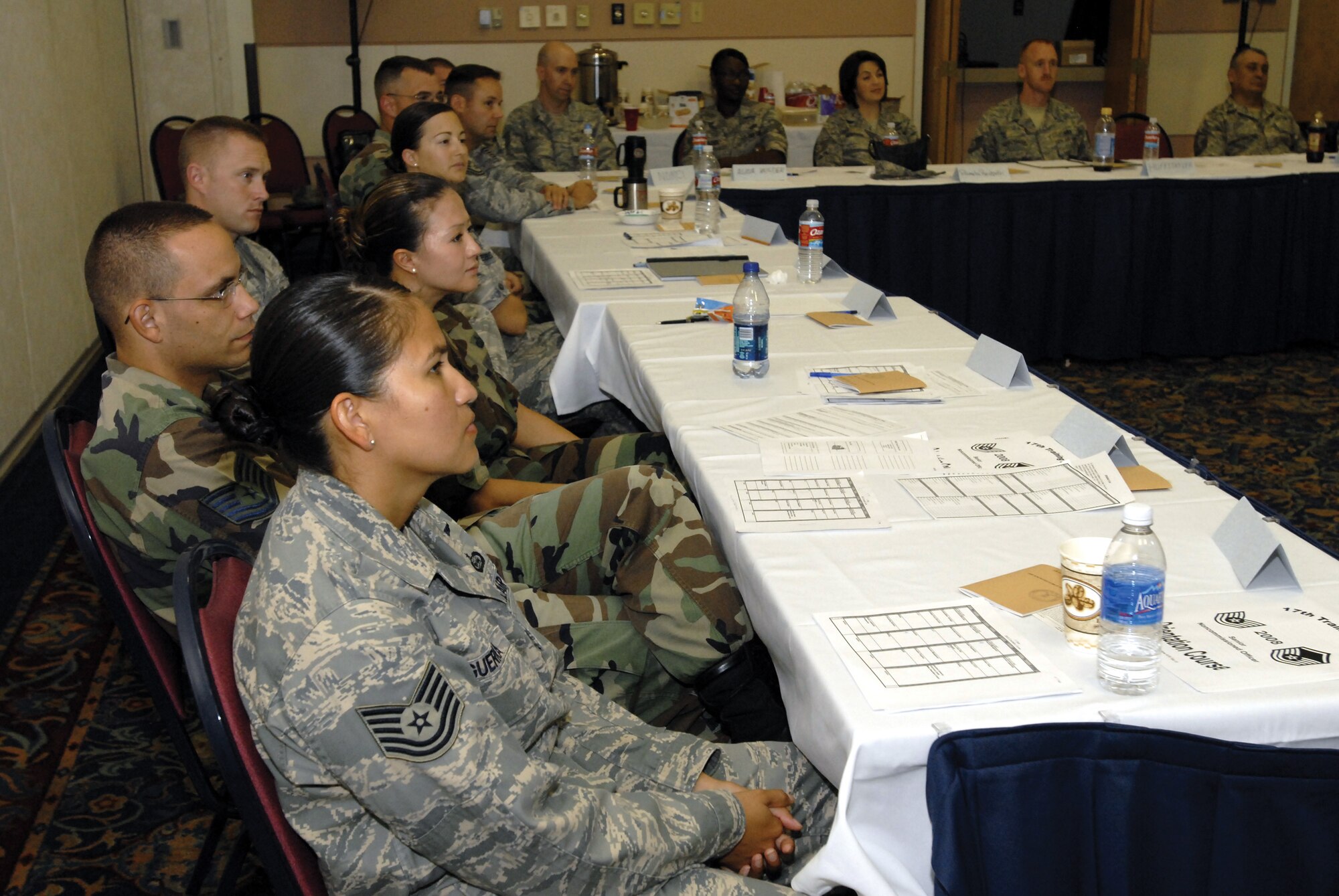 Technical sergeants at Goodfellow Air Force Base discuss leadership and the responsibilities of senior non-commissioned officers August 6 at the Senior NCO Orientation Course at the Event Center. (U.S. Air Force photo by Master Sgt. Randy Mallard)