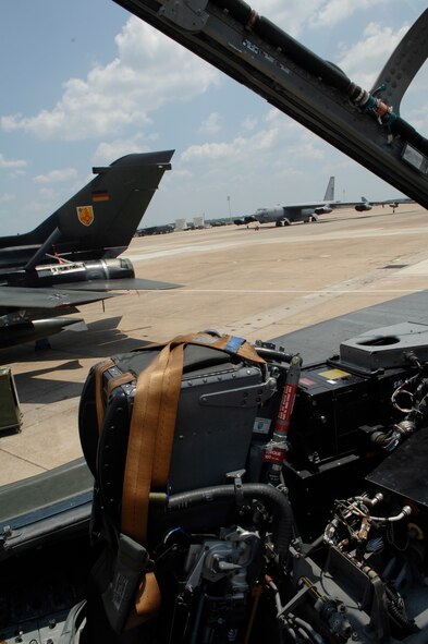 BARKSDALE AIR FORCE BASE, La. - Panavia PA200 Tornado sits on the flight line in front of a B-52H Stratofortress here, Aug. 4. The Tornado belongs to the Fighter Bomber Wing 31 "Boelcke" of the Luftwaffe (German Air Force), the unit is here to participate in Green Flag East. (U.S. Air Force photo by Airman 1st Class Joanna M. Kresge)
