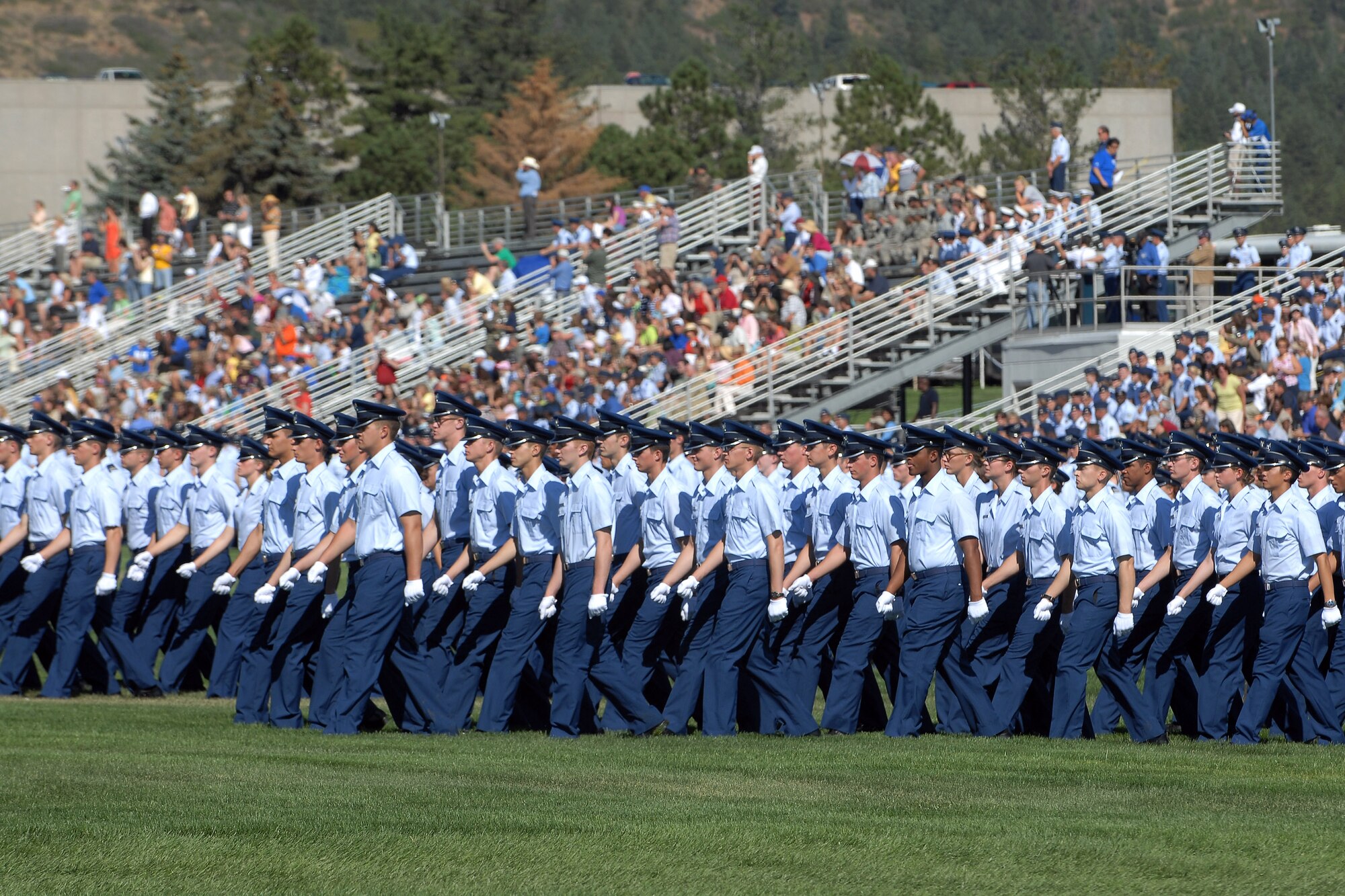 U.S. Air Force Academy basic cadets file into position Aug 6 for Acceptance Day ceremonies at the Stillman Parade Field near Colorado Springs, Colo. (U.S Air Force photo/David Armer)