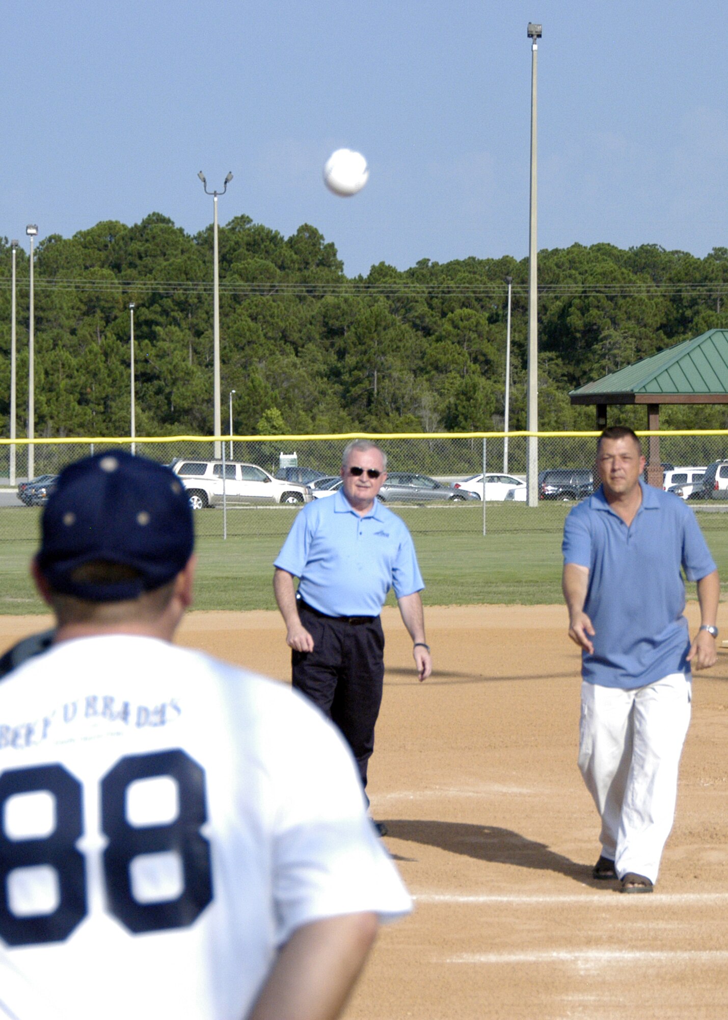 The Command Chief for the Air National Guard, Chief Master Sgt. Richard Smith, along with the Command Chief for First Air Force and Air Forces Northern, Chief Master Sgt. William Usry, threw out the opening pitches of this years 43rd Annual Air National Guard Softball Tournament. (Air Force photo by 1st Lt Jared Scott)                     
