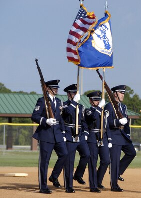 The 601st Air and Space Operations Center Honor Guard presented the colors during the opening ceremony of this years 43rd Annual Air National Guard Softball Tournament being held at Frank Brown Park, Panama City Beach. (Air Force photo by 1st Lt Jared Scott)                                 