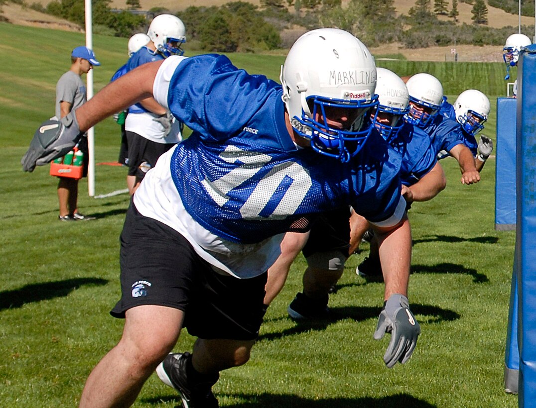 Offensive tackle Cadet 3rd Class Matt Markling participates in drills as the Falcons practice in preseason camp July 31 at the U.S. Air Force Academy in Colorado. The Falcons had their best Mountain West Conference record in school history in 2007 with a 9-4 record. (U.S. Air Force photo/Mike Kaplan)