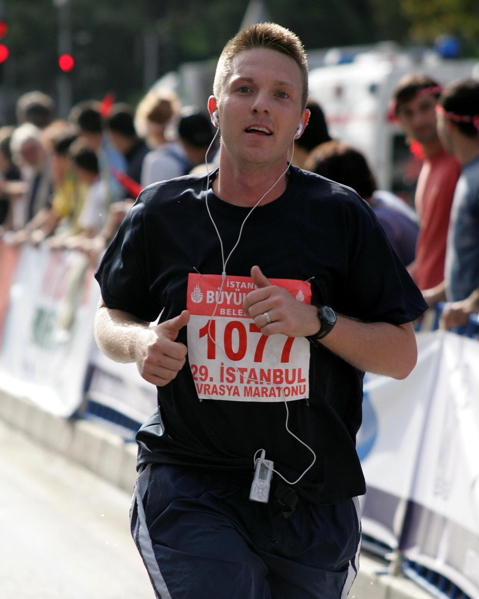 Staff Sgt. Larry Marsh, 728th Air Mobility Squadron, runs in the Istanbul Intercontinental Eurasia Marathon in Istanbul, Turkey, during the summer of 2007.