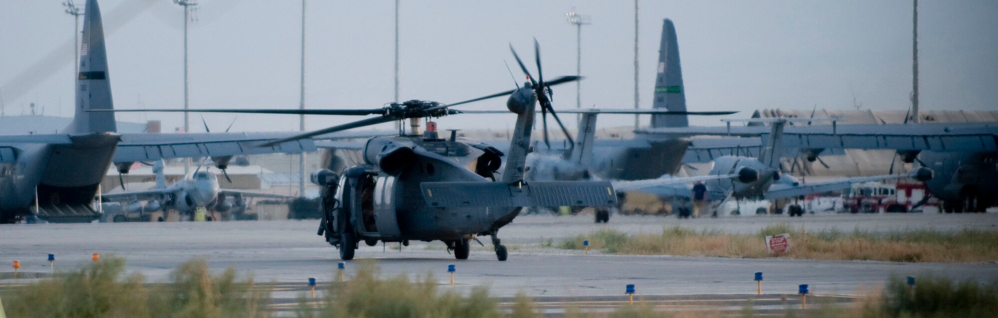 BAGRAM AIR FIELD, Afghanistan -- An HH-60G Pave Hawk helicopter taxis to the launch pad here on August 2, 2008. The Pave Hawk is currently the premier combat search and rescue platform, capable of performing its mission even in adverse conditions. (U.S. Air Force photo by Staff Sgt. Samuel Morse)