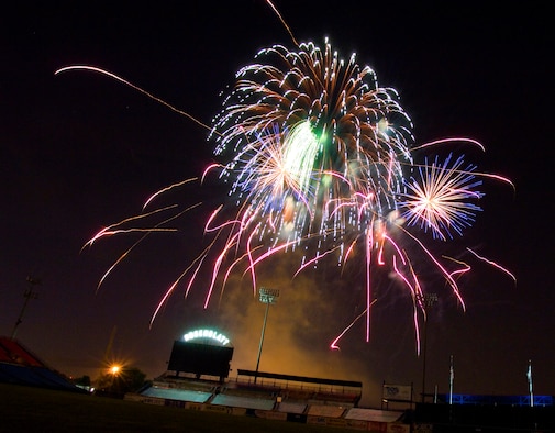 Fireworks light up Rosenblatt Stadium at the conclusion of opening ceremonies for Air Force Week in the Heartland Aug. 9 in Omaha, Neb. The week is designed to broaden awareness of the Air Force's role in the war on terrorism and strengthen support for Airmen serving worldwide in defense of freedom. (U.S. Air Force photo/Staff Sgt. Bennie J. Davis III)