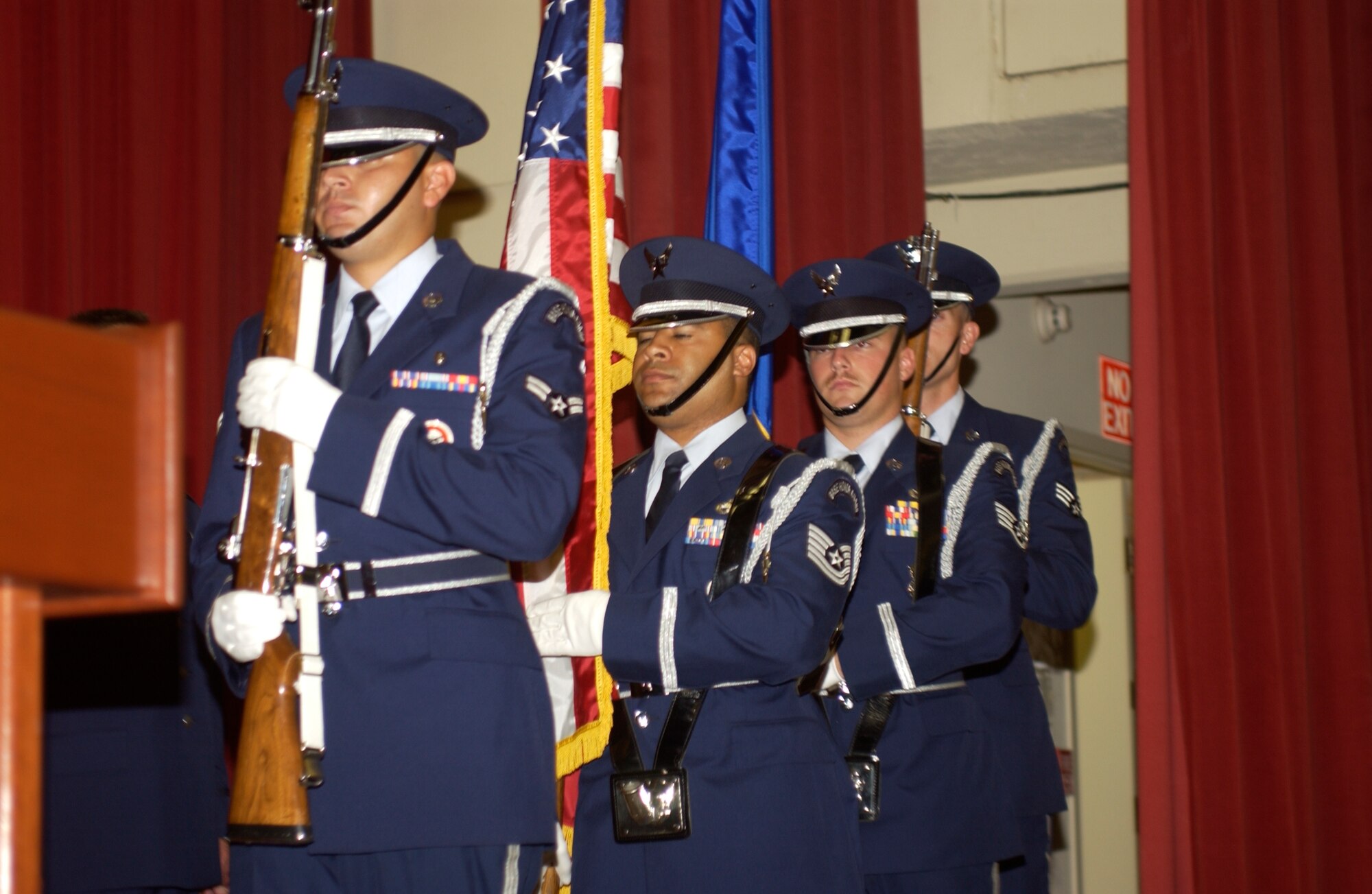The March Field Honor Guard takes position at the opening of the Change of Command Ceremony, July 26.(U.S. Air Force photo by Capt. Caroline Lorimer)