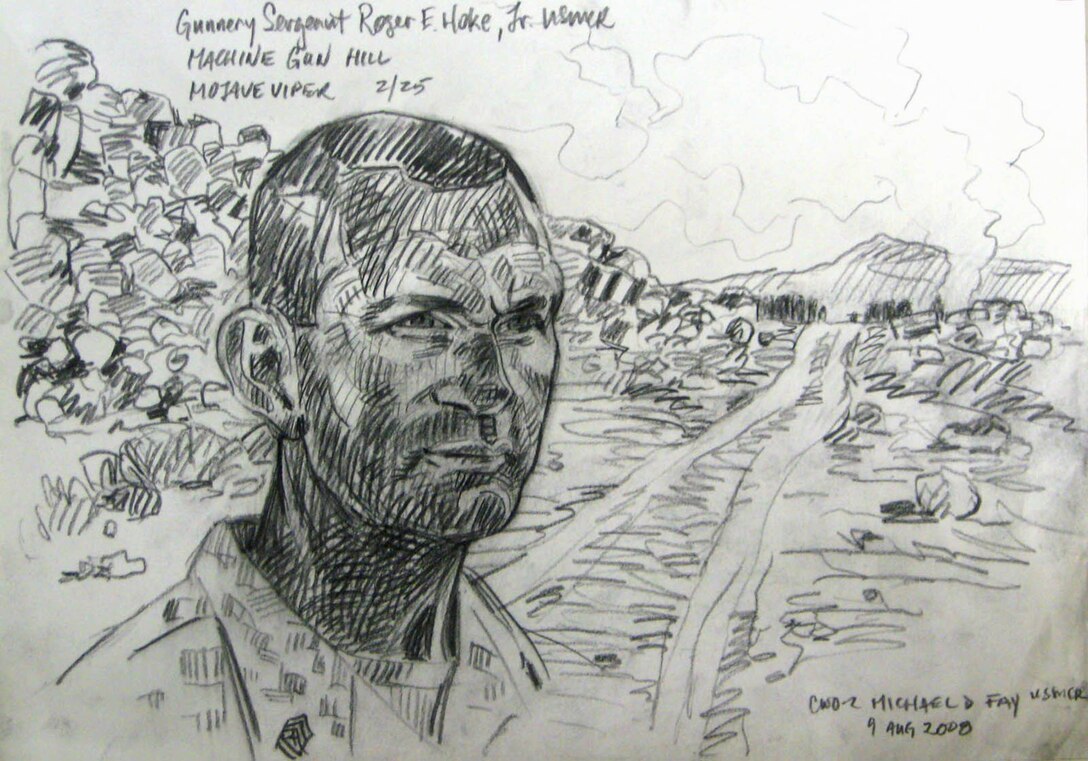 Chief Warrant Officer 2 Michael Fay sketched this portrait of  Gunnery Sgt. Rodger Hoke, range chief for 2nd Battalion, 25th Marine Regiment, in August 2008 while documenting the battalion's Mojave Viper pre-deployment training.  A 20-year veteran Reserve Marine, this will be Hoke’s fourth combat tour. Hoke recently went through a painful bone marrow removal surgery on June 20, 2008 to save the life of his brother, who has suffered from Non-Hodgkins Lymphoma for the past nine years.